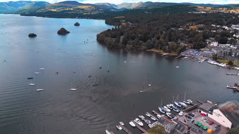 Aerial-footage-of-Bowness-Town-on-the-edge-shore-of-Lake-Windermere-in-the-Lake-District-National-Park