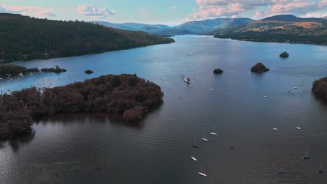 High-up-aerial-footage-of-Bowness-Town-on-the-edge-shore-of-Lake-Windermere-in-the-Lake-District-National-Park