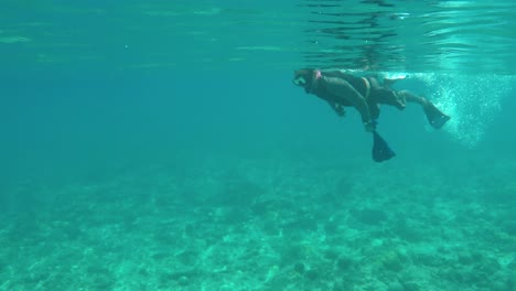 Mann-Unterwassermaske-Und-Flossen-Schwimmt-Im-Karibischen-Meer-Trägt-Fischernetze-Mit-Quiguas,-Schnecken-Und-Austern-Steigen-Ins-Boot