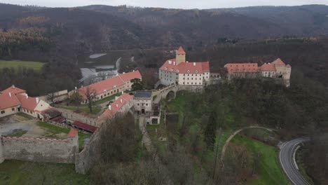 4K-Drone-footage-of-Veveri-castle-in-Brno,-Czech-republic
