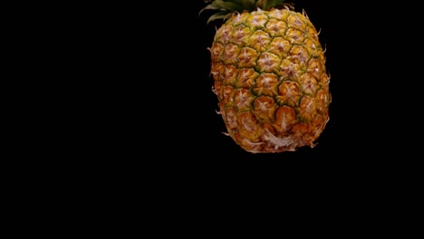 Whole-pineapple-falling-down-isolated-on-black-background,-super-slow