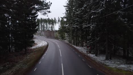 Slow,-low-angle-cinematic-shot-of-a-road-surrounded-by-forest-and-a-car-approaching-from-uphill