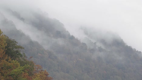 Static-shot-of-mist-descending-down-through-the-autumnal-trees-in-West-Virginia