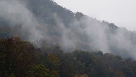 Toma-Estática-De-La-Niebla-Que-Se-Eleva-Sobre-Los-árboles-Otoñales-En-Virginia-Occidental