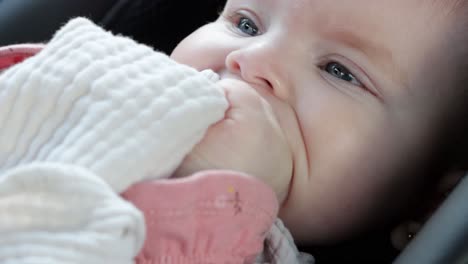 Close-up-of-cute-baby-girl-in-car-seat-looking-at-camera,-sucking-on-cloth