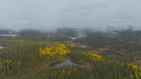 Drone-shot-in-the-cloudy-forrest-over-a-lake-in-Norway-with-autumn-colors