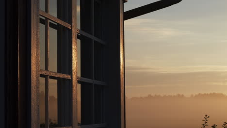 Early-morning-dawn,-detail-shot-of-home-windows-reflecting-golden-sunrise-haze-before-household-people-wake-up