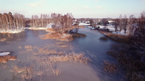 Birini-lake-flyover-in-winter,-Latvia