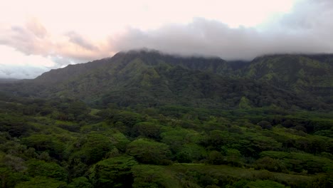 Cinematic-nature-aerial-view-of-green-mountains-under-tropical-rain-clouds-at-beautiful-sunrise-on-Kauai-Hawaii-island-Dramatic-nature-aerial-view-of-Rainforest-Tropical-jungle-of-Kauai