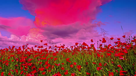Cumulonimbus-cloud-at-sunset-like-pink-cotton-candy-above-a-field-of-poppy-flowers---cloudscape-time-lapse