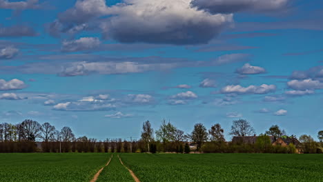 Green-agriculture-fields-with-tractor-lines-with-majestic-cloudscape-time-lapse-above