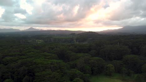 Cinematic-aerial-view-revealing-lush-green-rainforest,-rivers-and-green-mountains-with-sunset-clouds