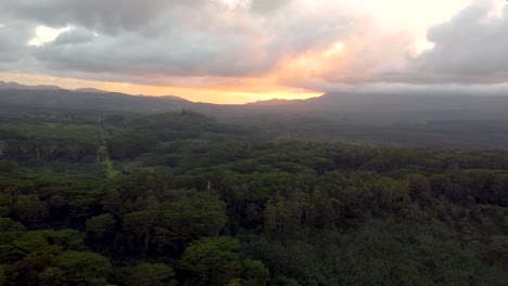 Dramatic-aerial-flyover-revealing-lush-green-rainforest,-rivers,-mountains-and-streams-during-sunset-with-yellow-clouds