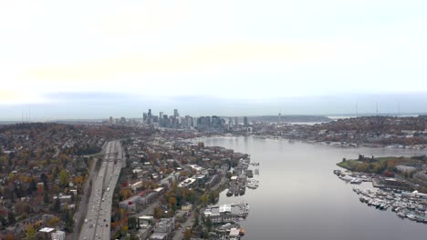 Aerial-view-pushing-over-Lake-Union-towards-downtown-Seattle
