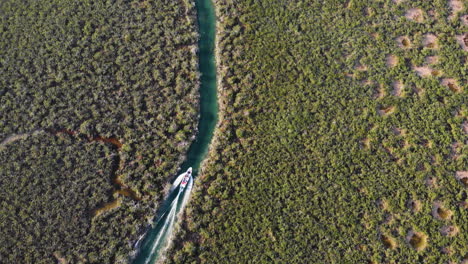 Drone-shot-of-boat-sailing-in-Sian-Ka'an-mangrove-ecosystem-in-Mexico-