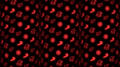 Neon-Christmas-Pattern-Background-of-Christmas-Tree,-Snowflake,-Santa-Hat-and-Candy-Cane-in-Red-and-Black-Looping-animation