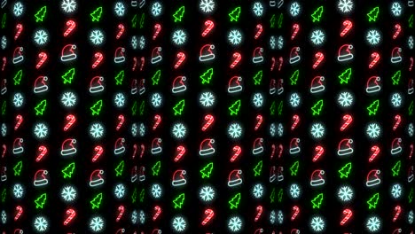 Neonweihnachtsmusterhintergrund-Des-Weihnachtsbaums,-Der-Schneeflocke,-Der-Weihnachtsmütze-Und-Der-Zuckerstange-In-Der-Roten-Schwarzweiss-schleifenanimation
