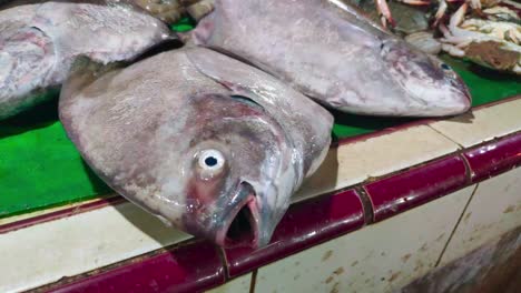 Closeup-of-fresh-pomfret-on-a-ceramic-top-on-a-traditional-fish-market