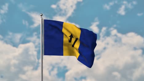 Bandera-De-Barbados-Ondeando-En-El-Cielo-Azul-Video-Realista-4k