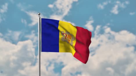 Bandera-De-Andorra-Ondeando-En-El-Cielo-Azul-Video-Realista-4k