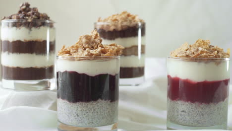 Studio:-zoom-in-to-four-glasses-of-layered-chia-pudding-desserts,-white-background