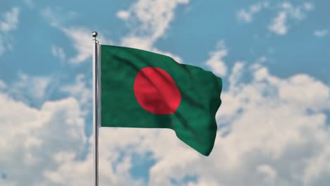 Bangladesch-Flagge-Weht-Im-Realistischen-4k-Video-Des-Blauen-Himmels