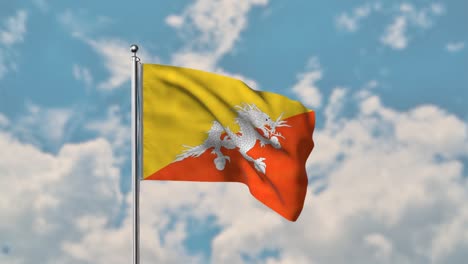 Flagge-Von-Bhutan-Weht-Im-Realistischen-4k-Video-Des-Blauen-Himmels