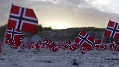 Viele-Reihen-Von-Norwegen-flaggen,-Die-Im-Wind-Auf-Sandiger-Sonnenuntergangsanddünenküste-Wehen