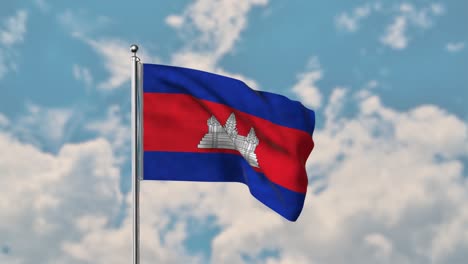 Kambodscha-flagge,-Die-Im-Realistischen-4k-video-Des-Blauen-Himmels-Weht
