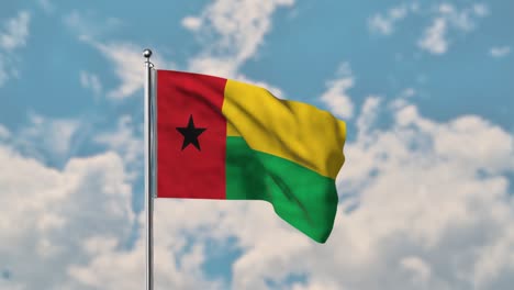 Guinea-bissau-flagge,-Die-Im-Realistischen-4k-video-Des-Blauen-Himmels-Weht