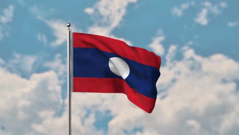 Laos-Flagge-Weht-Im-Realistischen-4k-Video-Des-Blauen-Himmels