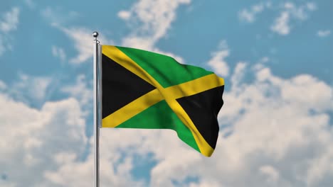 Bandera-De-Jamaica-Ondeando-En-El-Cielo-Azul-Video-Realista-4k