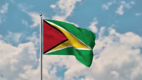 Guyana-flagge,-Die-Im-Realistischen-4k-video-Des-Blauen-Himmels-Weht