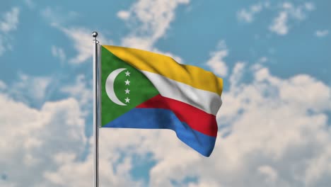 Bandera-De-Comoras-Ondeando-En-El-Cielo-Azul-Video-Realista-4k