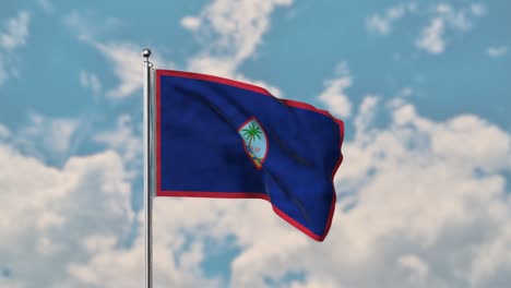 Bandera-De-Guam-Ondeando-En-El-Cielo-Azul-Video-Realista-4k