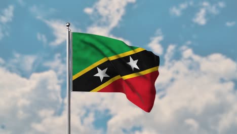 Bandera-De-Saint-Kitts-Y-Nevis-Ondeando-En-El-Cielo-Azul-Video-Realista-4k