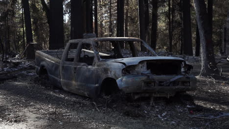 The-aftermath-of-Valley-Fire,-2015,-Lake-County,-California:-burnt-pickup-truck