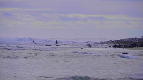 Surfers-In-The-Raging-Sea-With-Huge-Waves-In-Crescent-Head---Surfing-Spot-In-NSW,-Australia---wide-slowmo-shot