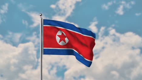 Nordkorea-flagge,-Die-Im-Realistischen-4k-video-Des-Blauen-Himmels-Weht
