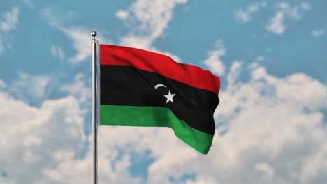 Libyen-flagge,-Die-Im-Realistischen-4k-video-Des-Blauen-Himmels-Weht