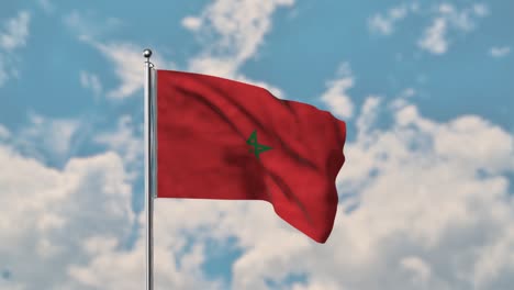 Bandera-De-Marruecos-Ondeando-En-El-Cielo-Azul-Video-Realista-4k
