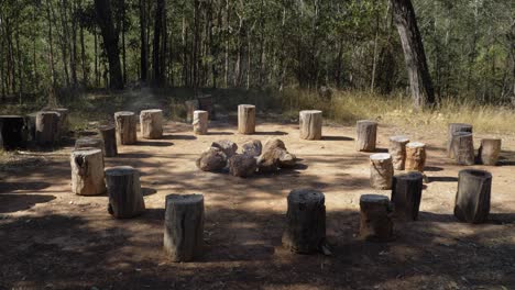 Tree-Logs-In-Circle-With-Campfire-Burning-In-The-Middle---2020-Journey-To-Manhood-Camp---Mount-Byron,-Queensland---full-static-shot