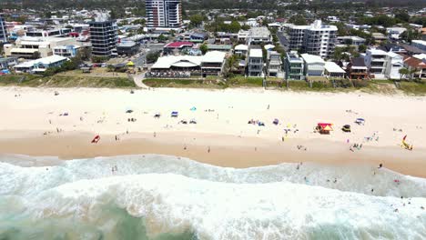 Summertime-Scene-On-A-Sandy-Beach---Palm-Beach-In-Gold-Coast,-QLD,-Australia---aerial-drone