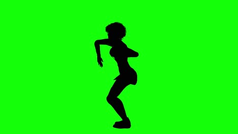Silhouette-of-a-woman-with-afro-hair-and-short-skirt-dancing-loop-2,-on-green-screen,-side-view
