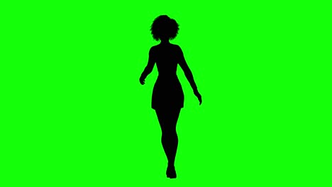 Silhouette-of-a-woman-with-afro-hair-and-short-skirt-catwalk,-on-green-screen,-front-view