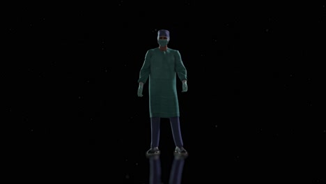 Surgeon-doctor-3D-character,-wearing-scrubs,-cap,-mask,-and-gloves,-standing-idle-on-black-background-with-floor-reflections,-and-dust-particles-floating-around,-3D-animation