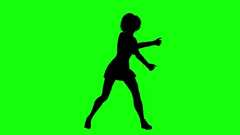 Silhouette-of-a-woman-with-afro-hair-and-short-skirt-dancing-loop-1,-on-green-screen,-front-view