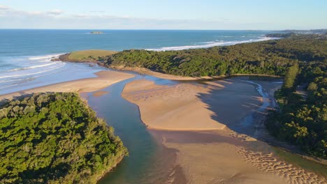 Moonee-Creek-With-Brown-Sand-And-Shallow-Water---Estuary-At-Moonee-Beach-In-NSW,-Australia