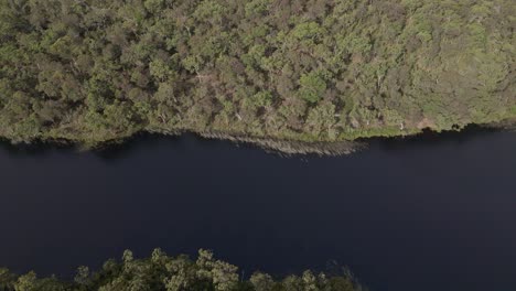 Blauer-See-Mit-üppiger-Grüner-Vegetation-In-North-Stradbroke-Island,-Queensland,-Australien---Antenne-Seitlich