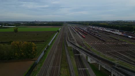 Panoramic-View-Of-Train-Tracks-At-Kijfhoek-Hump-Yard-Between-Rotterdam-and-Dordrecht-In-Western-Netherlands
